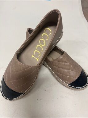 CCOCCI Quilted Taupe Espadrille Flats with Black Cap Toe